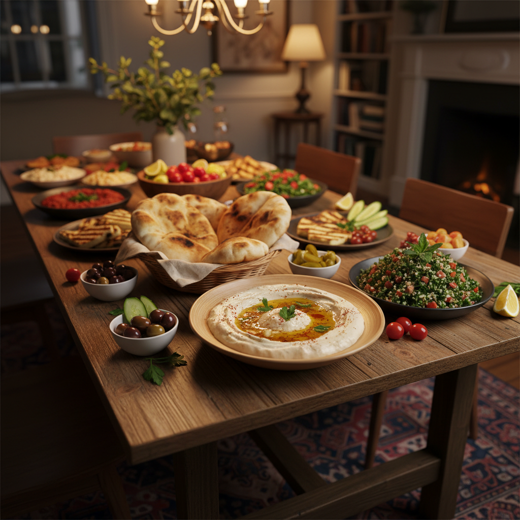 Vibrant mezze spread with hummus, tabbouleh, and warm bread in the golden dining room light