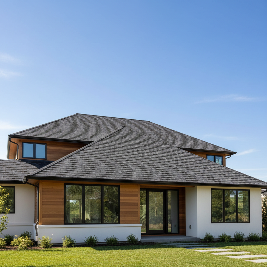 Newly installed premium dark architectural shingles on luxury Anaheim Hills home, clean ridge line, immaculate finish