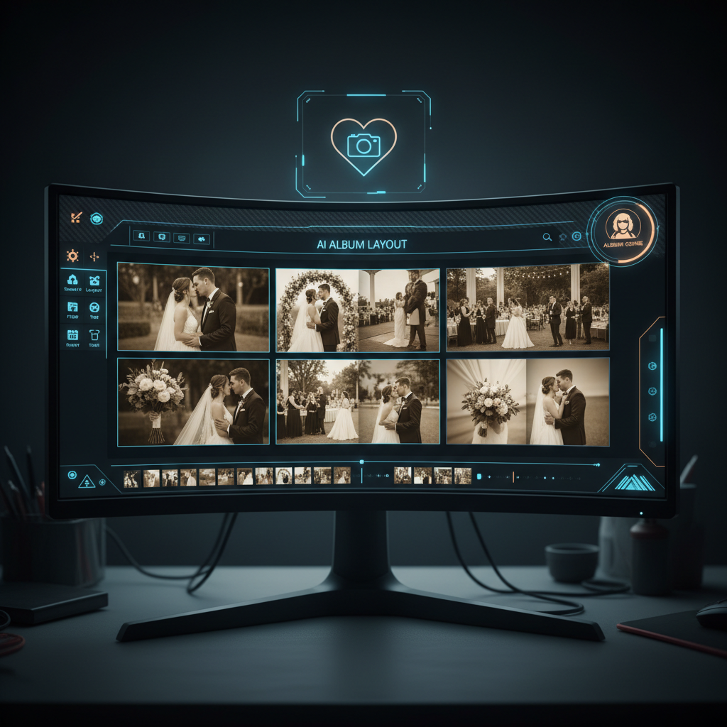 Dark dashboard showing AI album layout editor with wedding photo spreads arranged in grid view