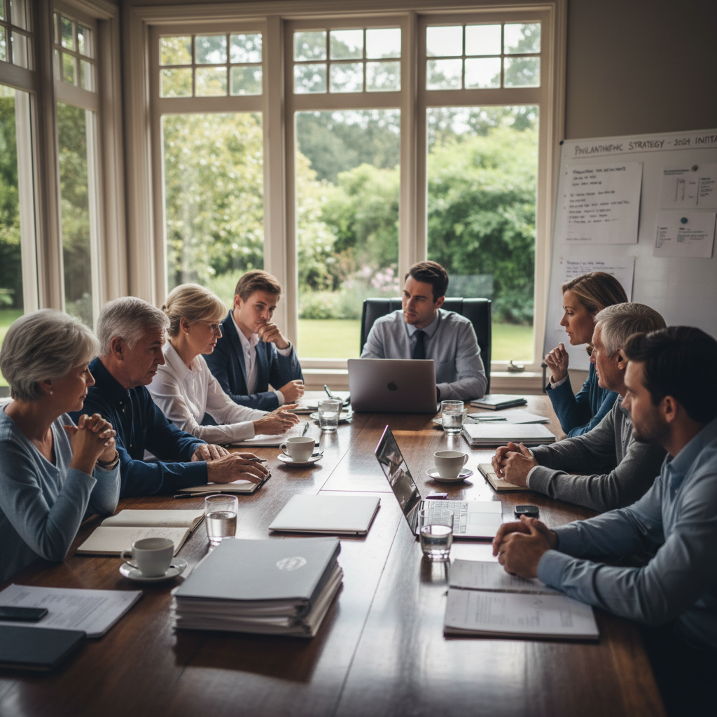 Family governance meeting with multi-generational family members discussing philanthropic strategy