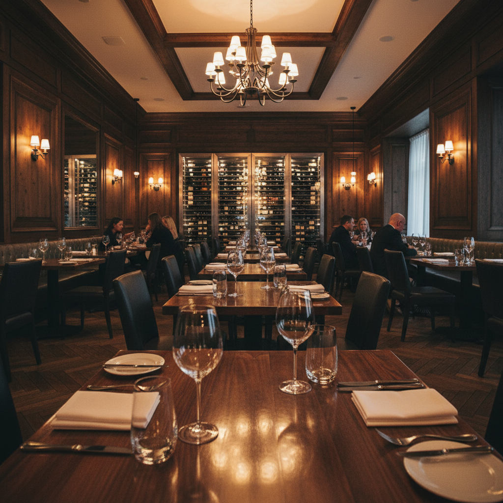 Upscale restaurant interior with warm ambient lighting, wooden tables, and open kitchen in bright setting