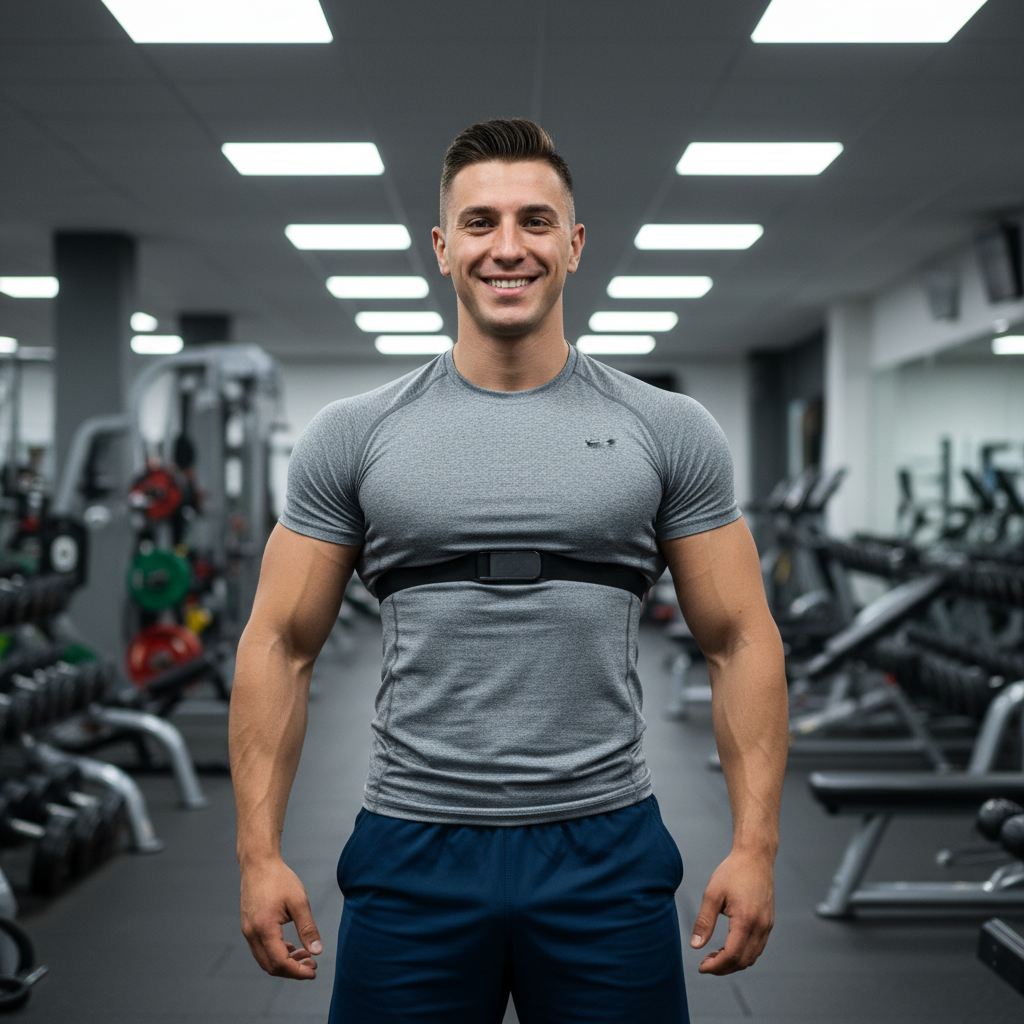 Athletic male fitness coach in sportswear at a gym, bright functional training space, motivating expression, fit and professional