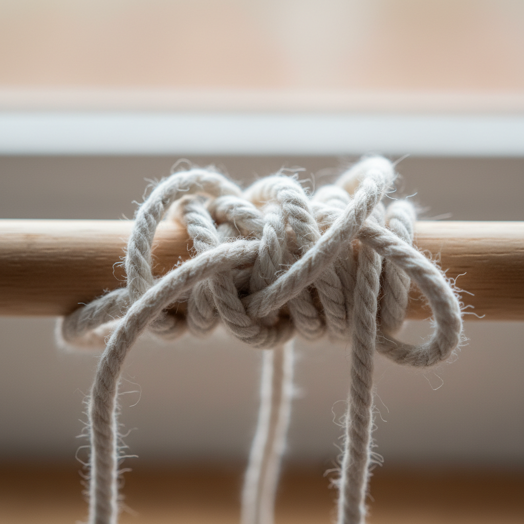 Close-up of tangled cotton cord showing twisted spiral hitch gone wrong on a wooden dowel