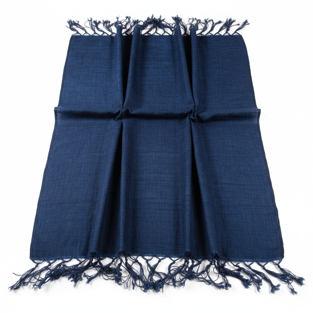 Indigo-dyed cotton dupatta with hand-knotted fringe edges