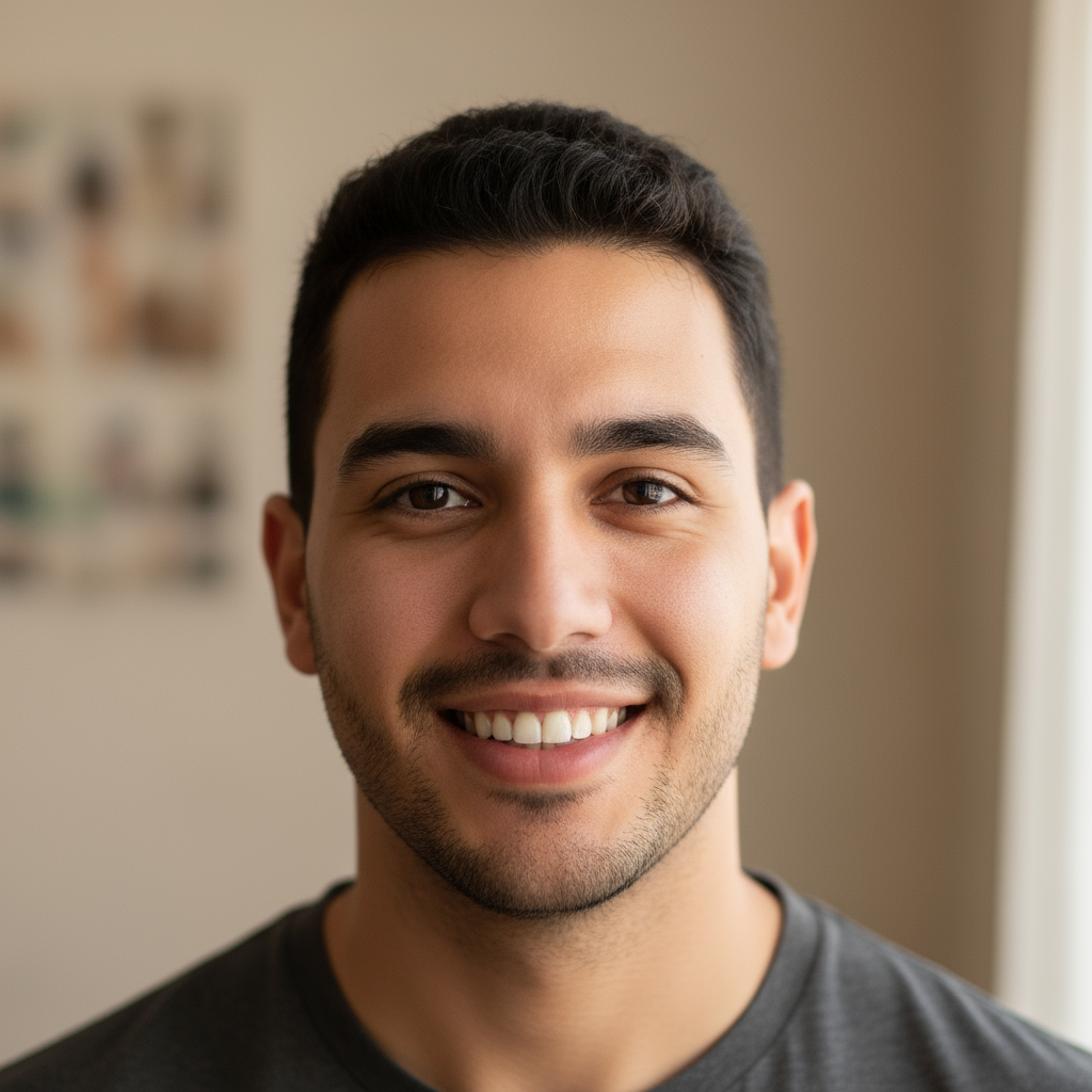 Ray Sanchez, young Hispanic male, casual athletic wear, warm smile