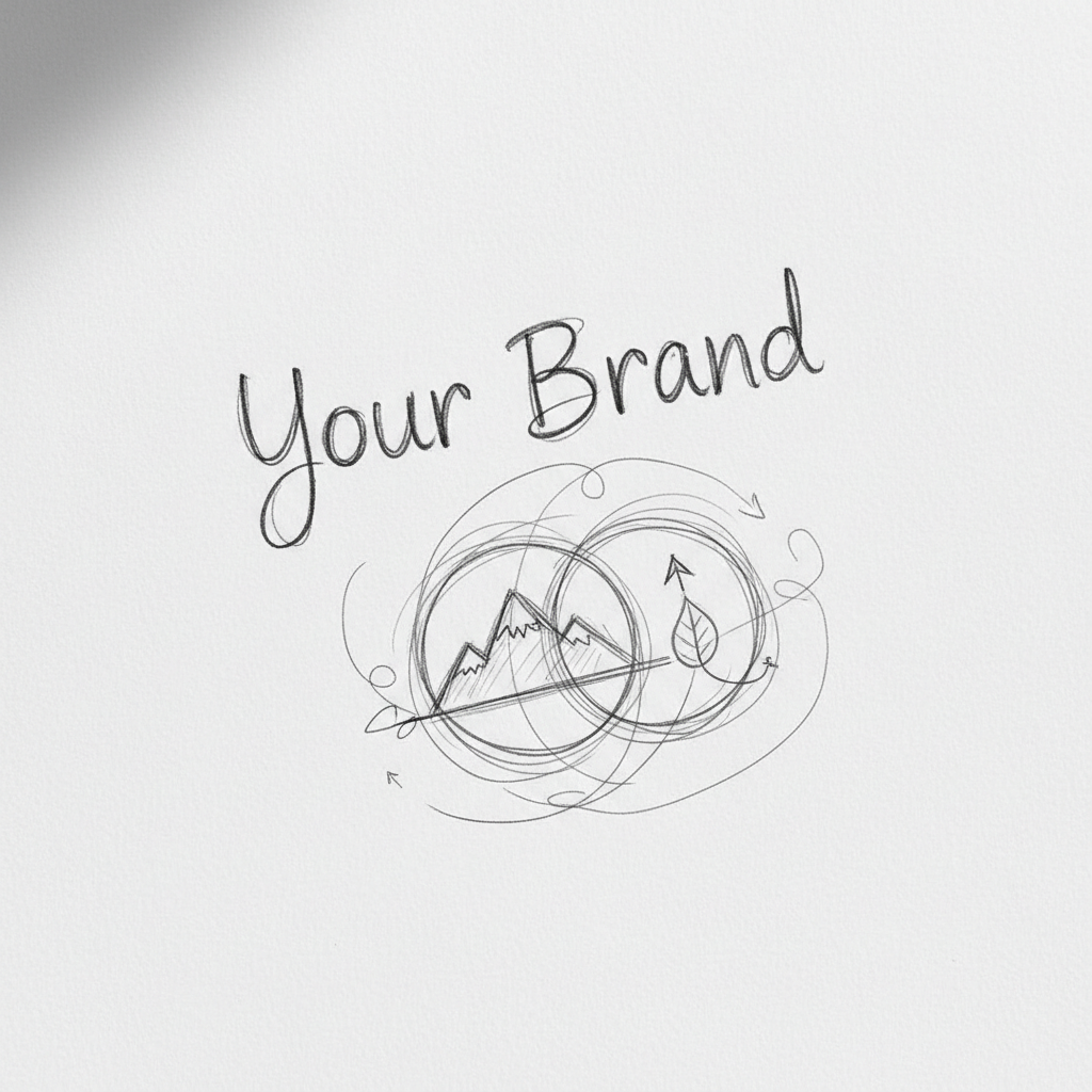 Logo design process on paper with pencil sketches, clean white background, natural light