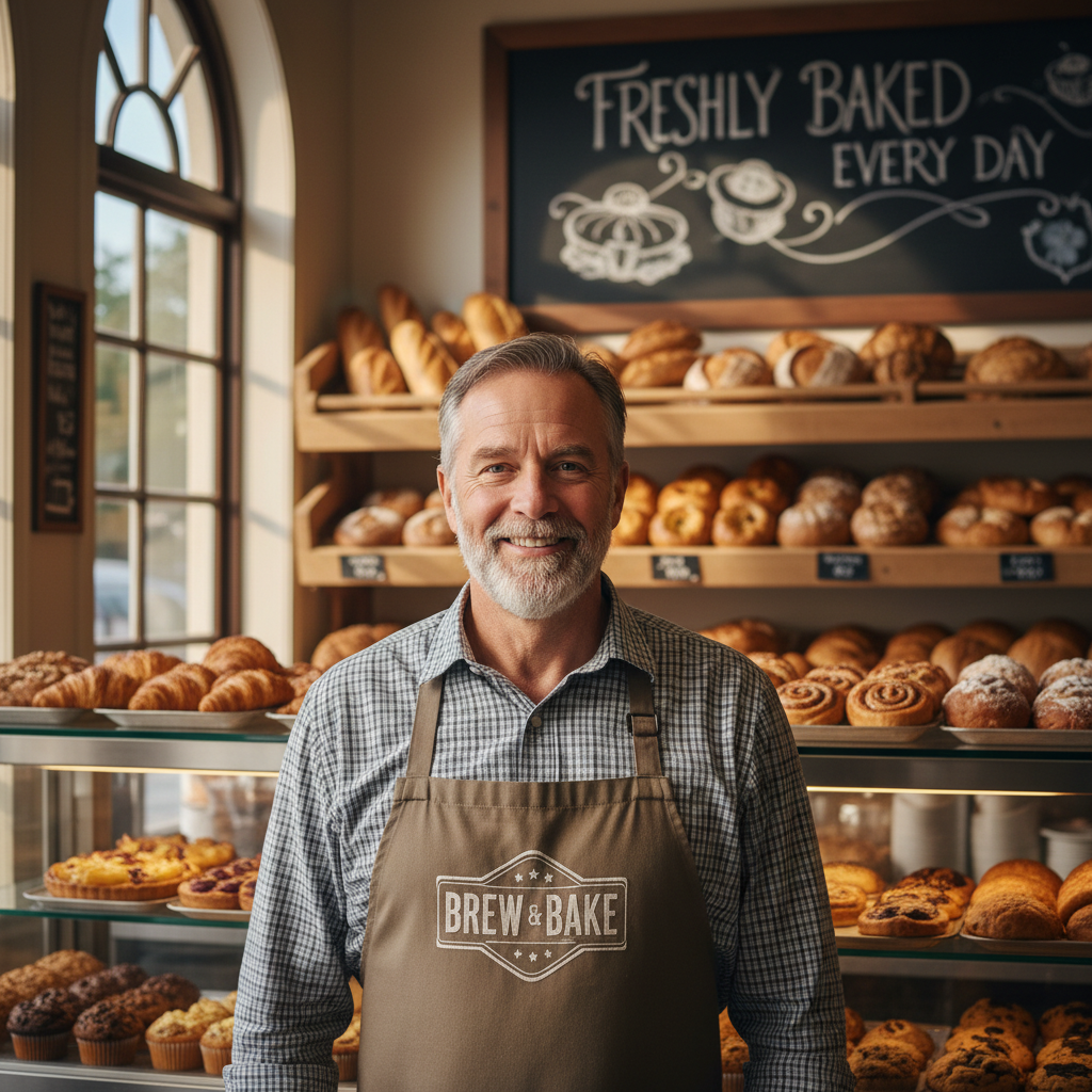 Priya Nambiar, woman smiling warmly in front of bakery shelves