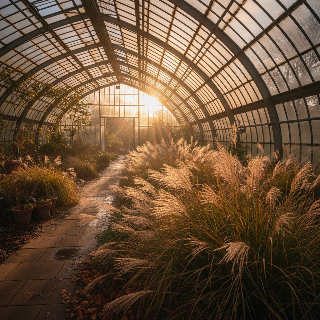 Ornamental grasses backlit by low autumn afternoon sun through greenhouse ribs