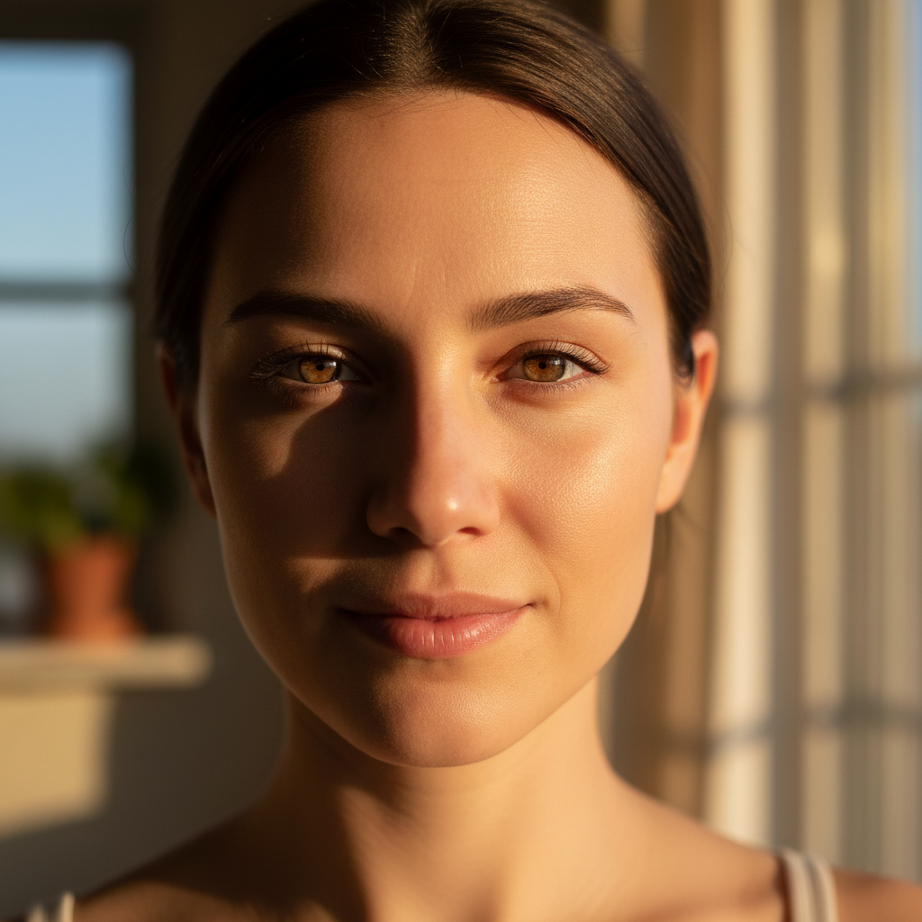 Natural light portrait by large window, warm afternoon sun creating soft shadows