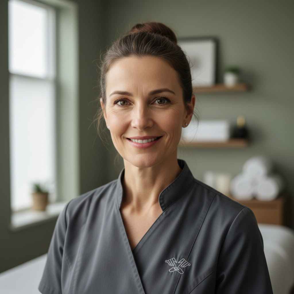 Professional Dutch female therapist with warm smile in white spa uniform against soft neutral background