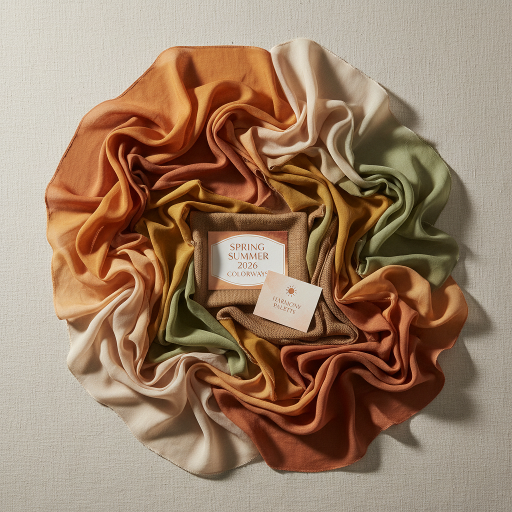 Spring Summer 2026 trend pack showing warm amber, terracotta and sage green tie colorways