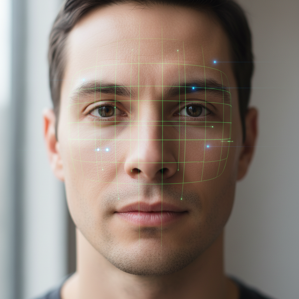 Dark computer screen showing face recognition grid with green bounding boxes and biometric identification overlays