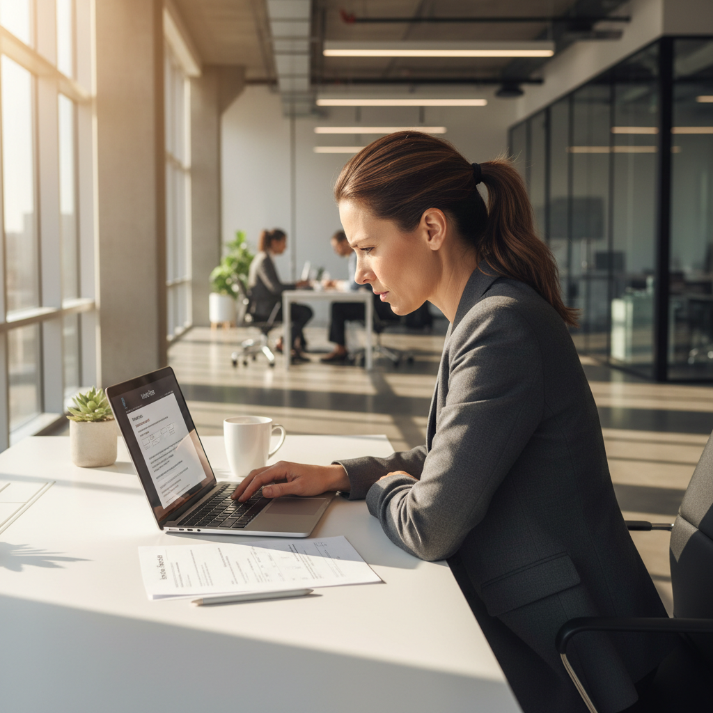 Person on laptop filling out a consultation form in a bright modern home office, natural light, clean desk