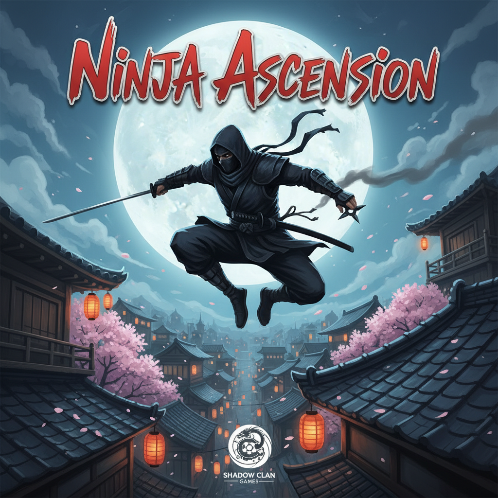 Ninja action game with dark shadows and Japanese aesthetic