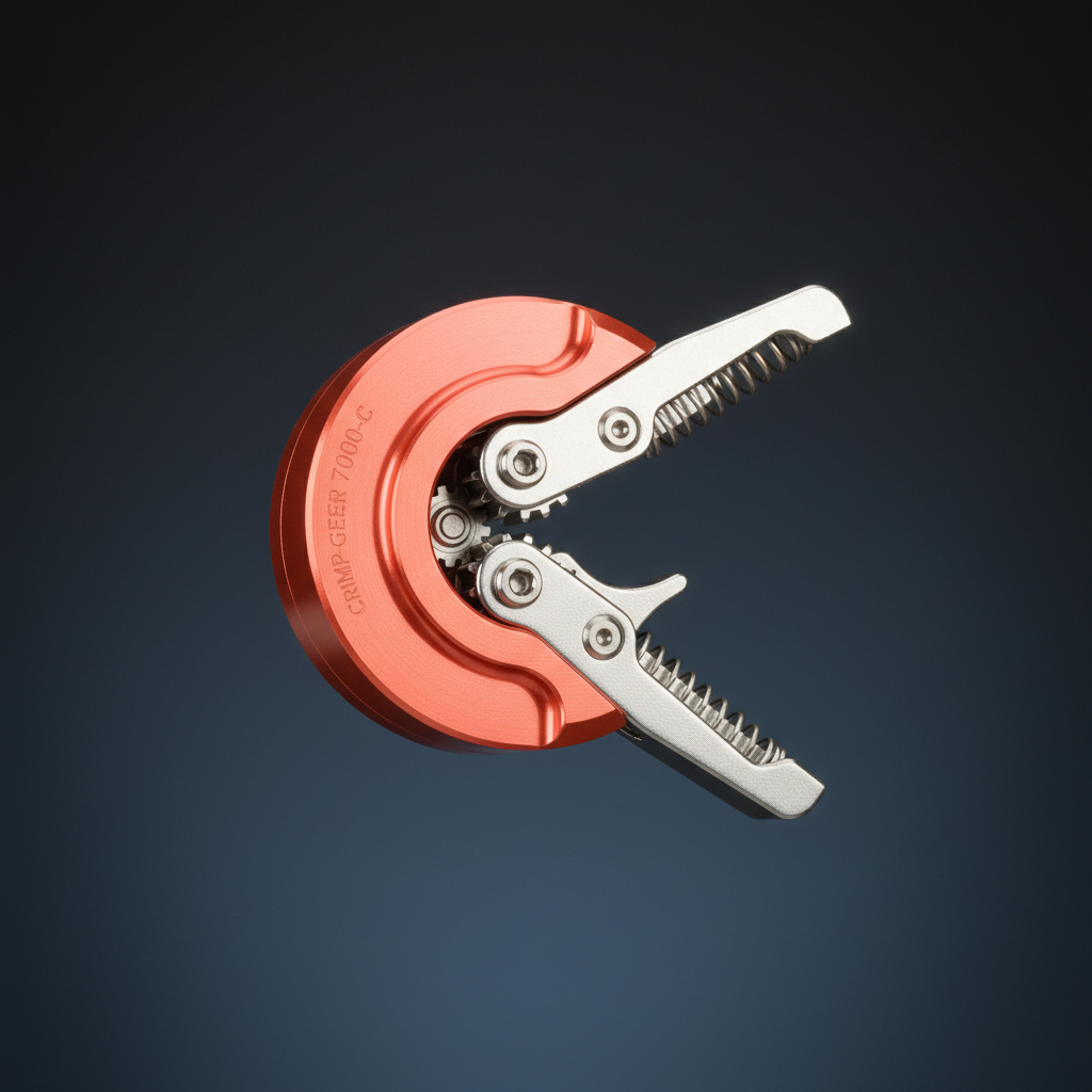 Crimp gear configurator showing a bright coral-anodized cam with trigger pulled open, rendered against dark studio background