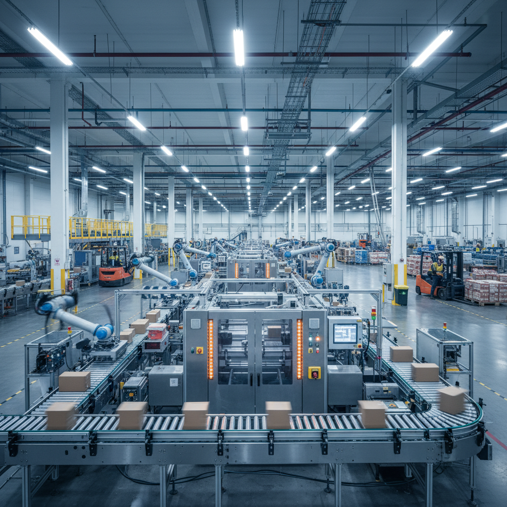 Automotive OEM assembly plant interior showing vehicle production line with industrial overhead lighting and steel manufacturing environment