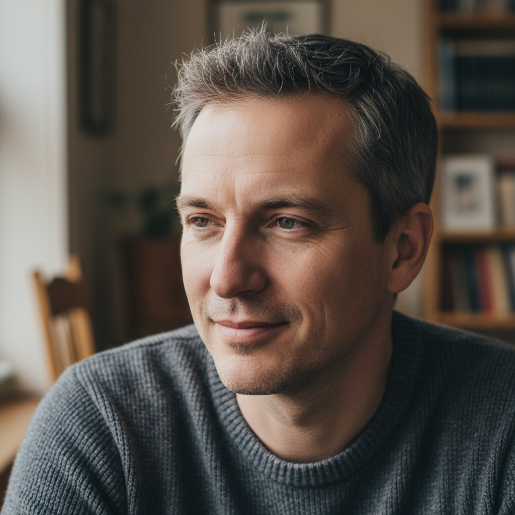 Man with thoughtful half-smile, natural setting