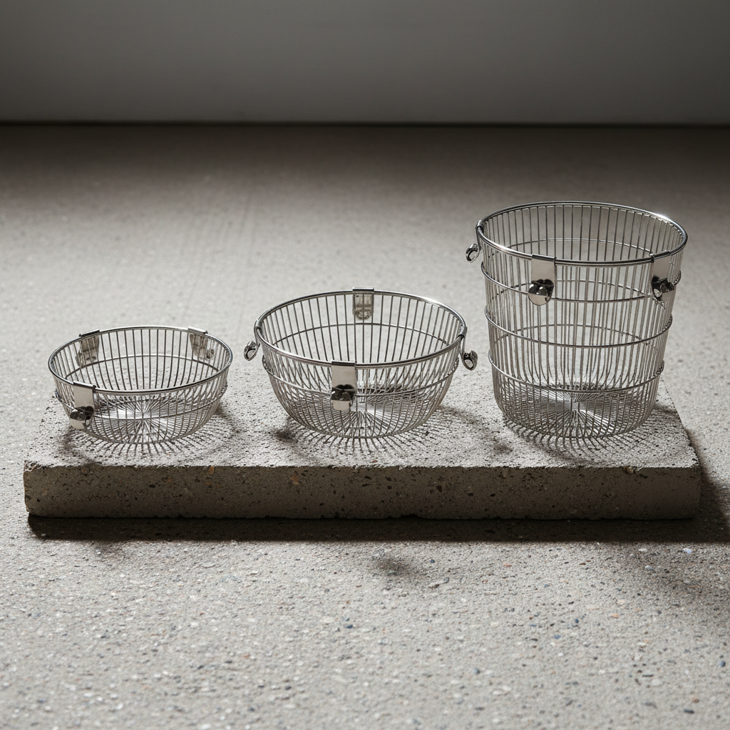 Set of three wire baskets in different depths photographed against concrete showing steel mesh construction and rail clips