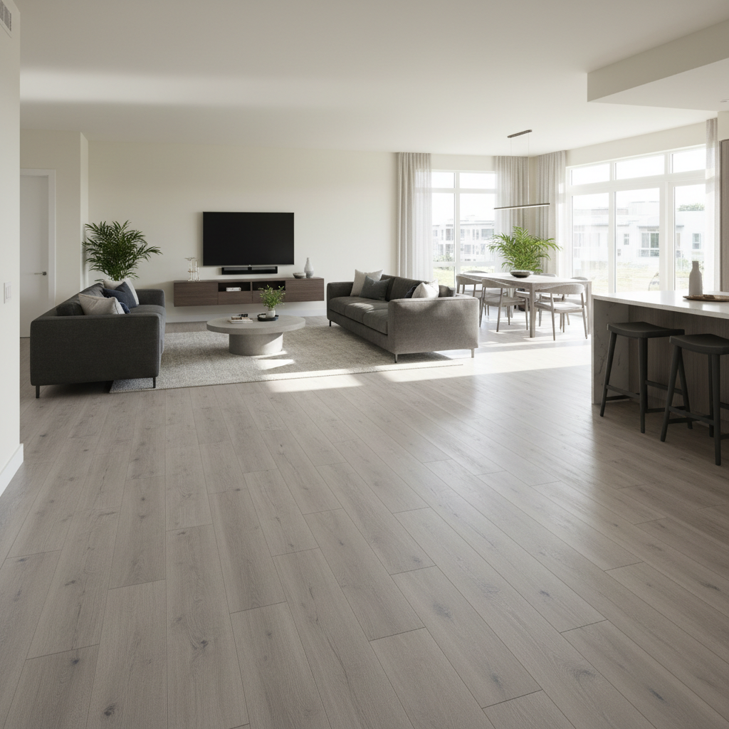 Open-plan living room with newly installed wide-plank luxury vinyl flooring, fresh white walls, and modern furniture in bright natural light