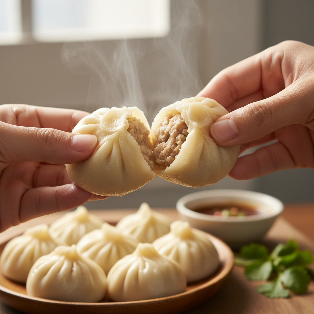 Hands pulling apart freshly steamed momos, dough glistening with steam
