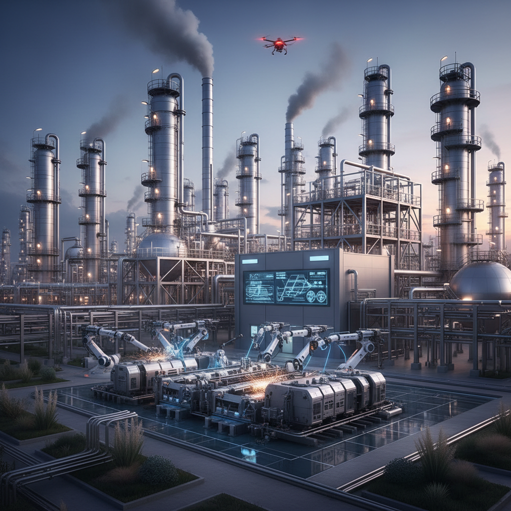 Oil refinery at night with flare stacks, dark industrial atmosphere, low-key lighting