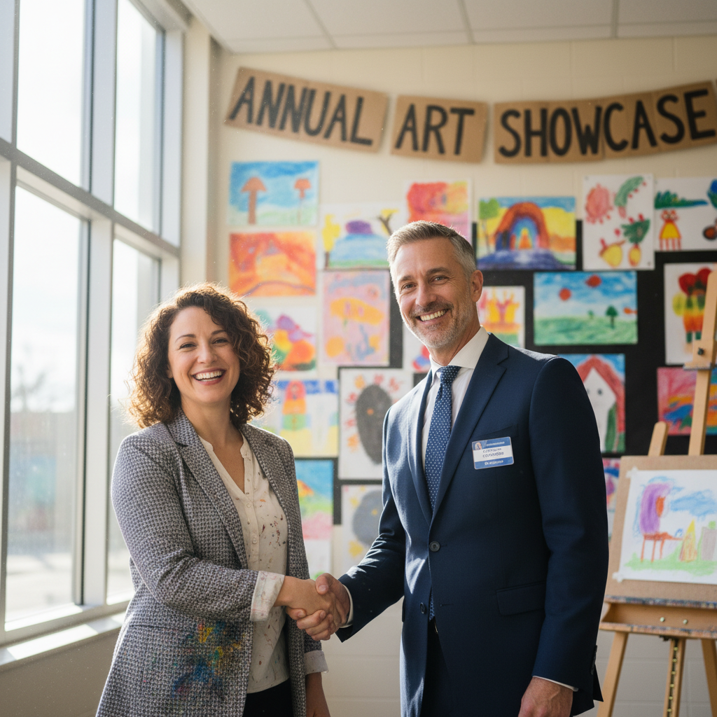 Art educator and school principal shaking hands in bright school corridor with student artwork on walls