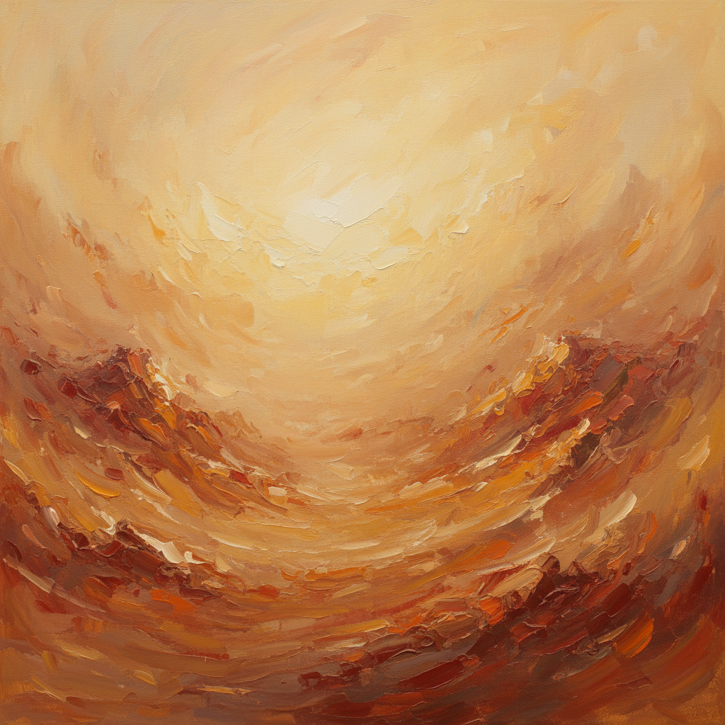 Abstract painting with warm ochre and burnt sienna tones suggesting a dusty wind drift