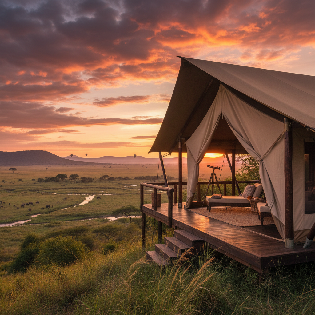 Luxury safari tent at sunset with giraffes in the background on Serengeti plains