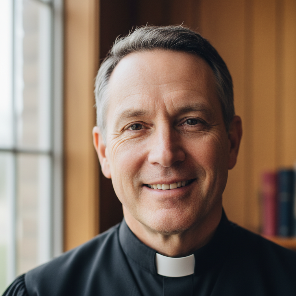 Fr. Thomas Maguire, pastor in collar, warm expression in natural light