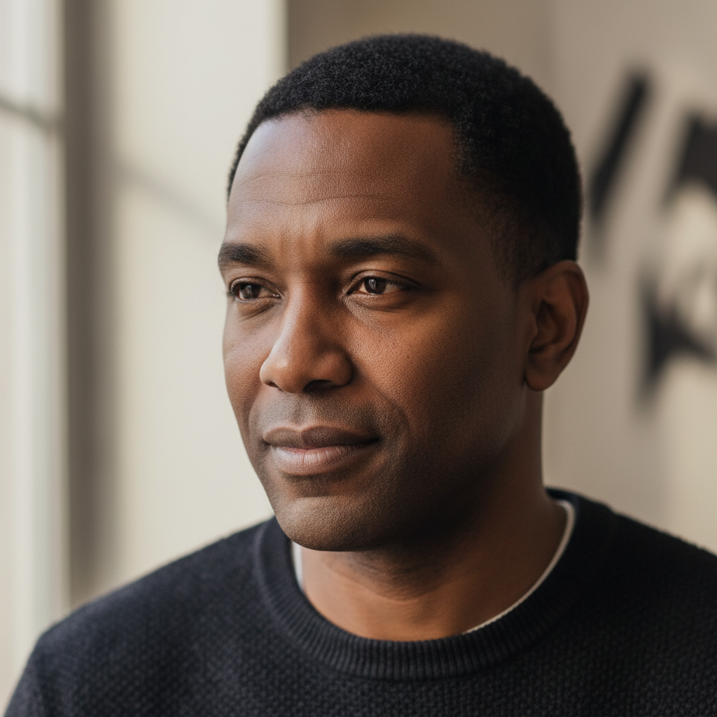 Marcus Thibodeau, an African American man in his forties, composed expression, short hair