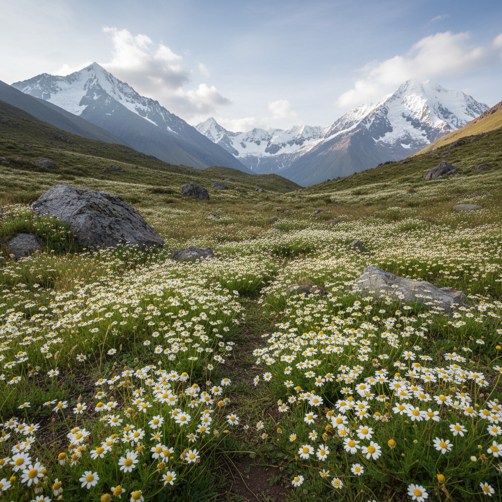 Delicate white chamomile flowers growing wild in Andean foothills