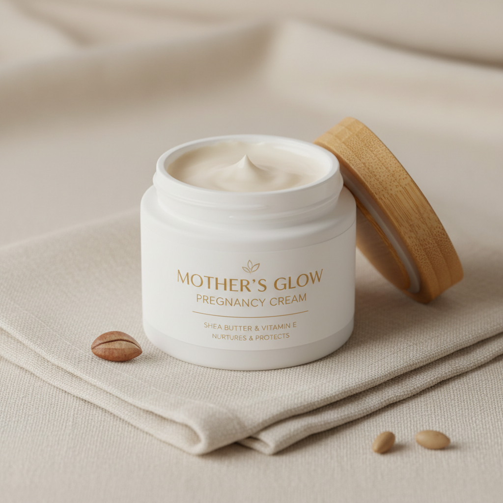 Matte ceramic jar labeled Prenatal Glow, soft sage and cream tones, delicate hand-lettered label, warm light on natural wood surface