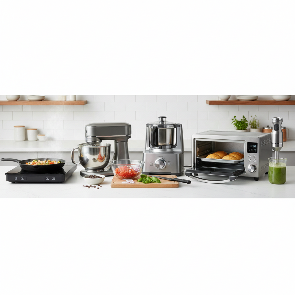 NestMart collections page banner, modern kitchen with premium appliances, dark atmospheric lighting, professional product photography