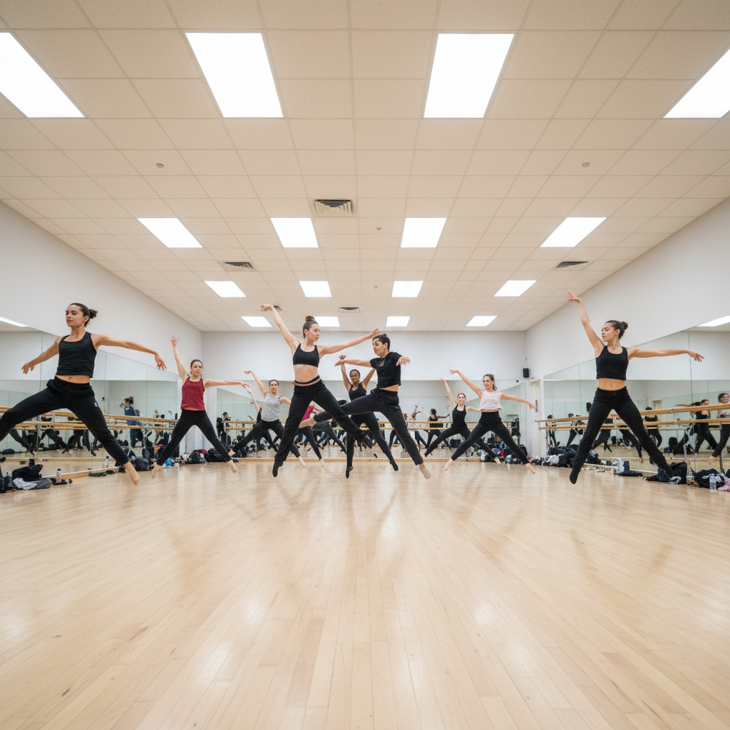 Aerobics class in progress in a bright studio, participants in colorful workout gear, mirrors reflecting the group