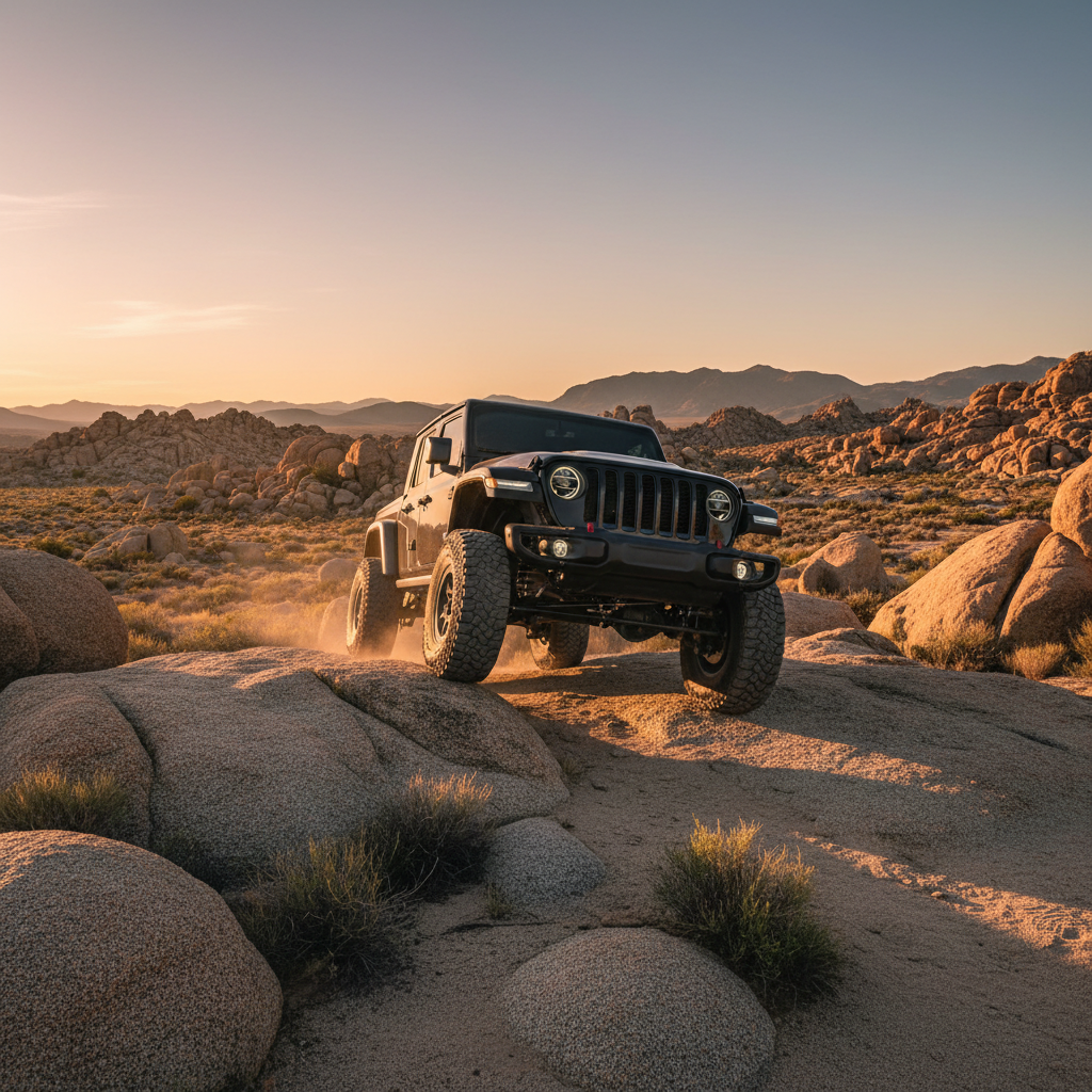 Blacked-out Jeep Gladiator crawling over granite slabs in Moab at golden hour, suspension fully articulated