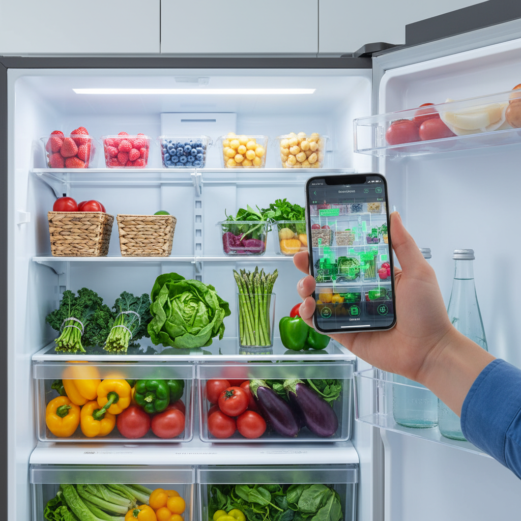 Person browsing fresh produce selection on a digital ordering platform, organized product categories visible on screen