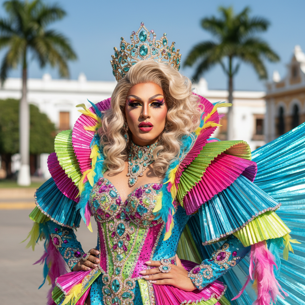 Drag performer Valentina Cruz in elaborate costume with colorful makeup at pride event