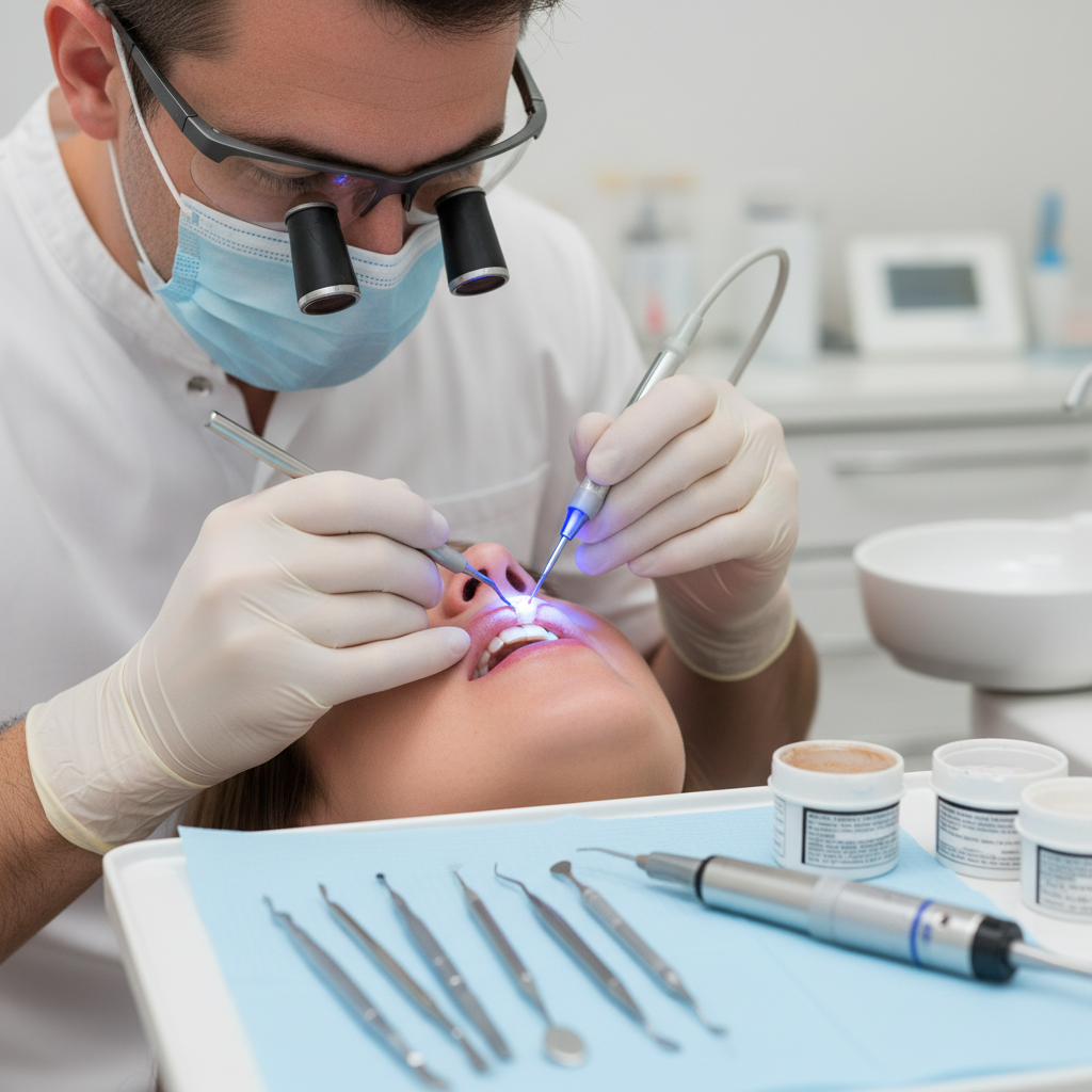 Dentist using precision dental instruments during treatment, professional focused expression, clinical setting