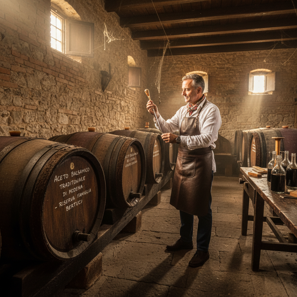Italian balsamic producer Marco Giusti in traditional acetaia with aging barrels