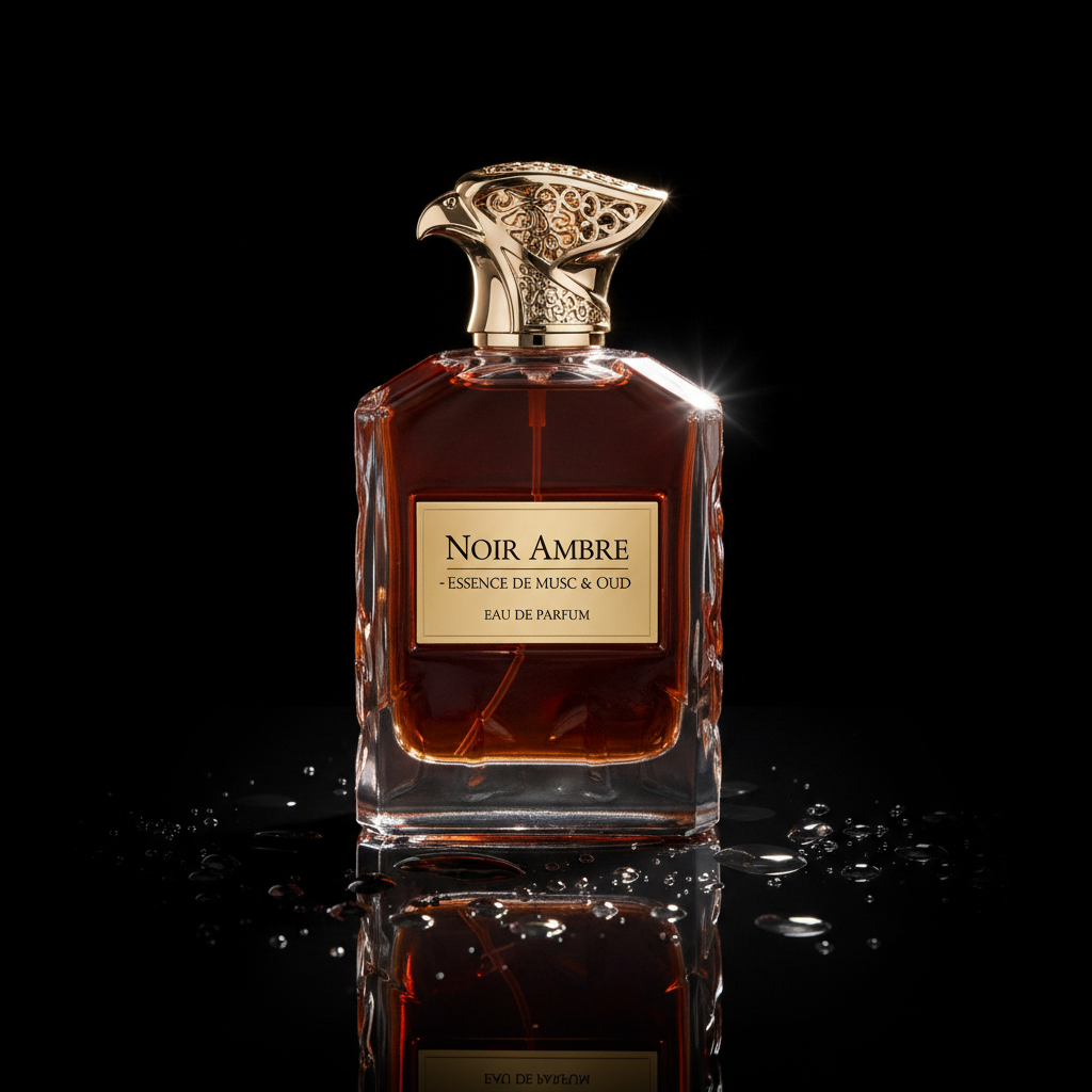 Frasco de perfume masculino noir em vidro escuro sobre fundo preto