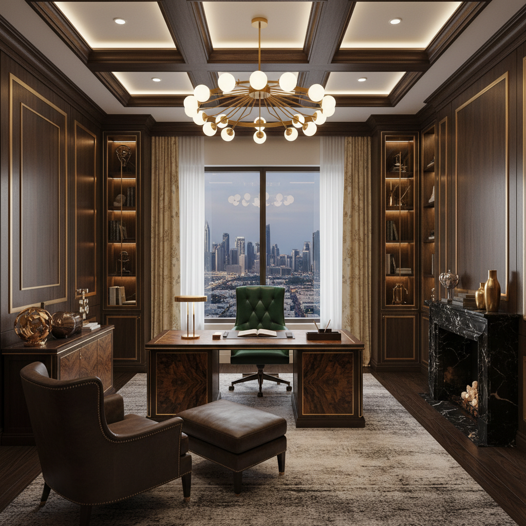 Premium Dubai private office with marble floors, golden accents, glass walls, and panoramic views of the DIFC financial district
