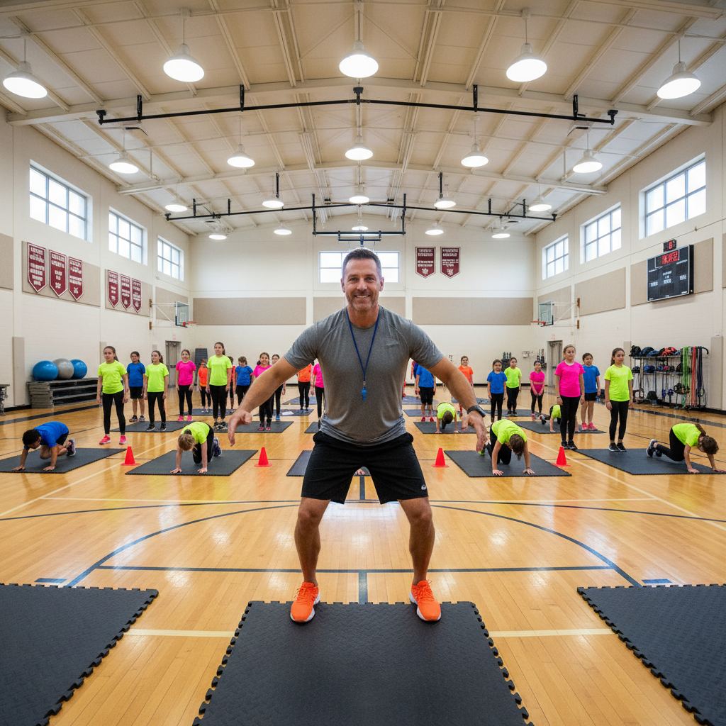 Physical education teacher leading high school students through organized fitness circuit in gymnasium