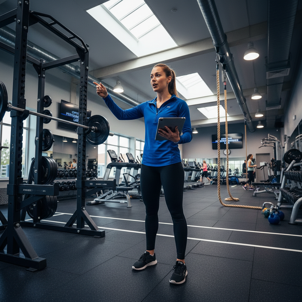 Energetic female coach working with children in a colourful gym