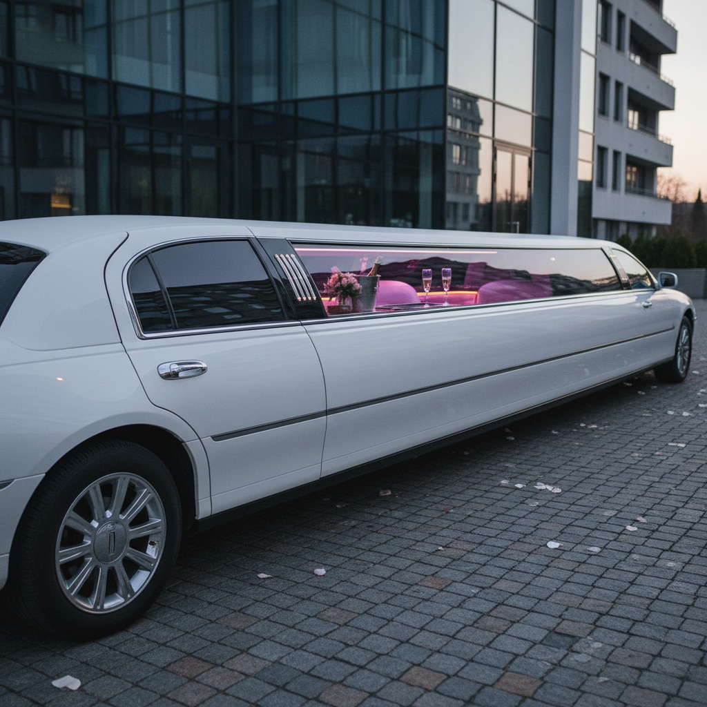 Birthday party package — stretch limo or party bus with champagne and custom playlist for celebrations
