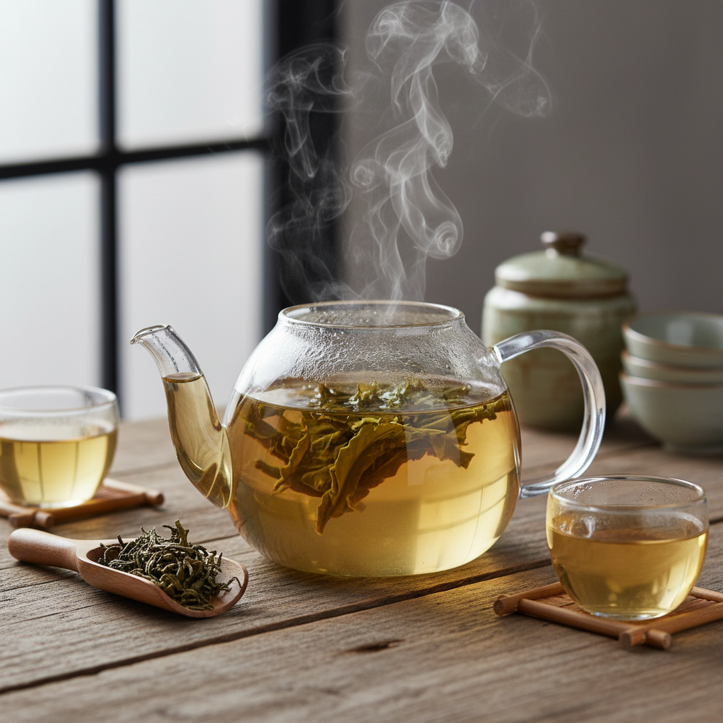 浅绿色茶汤盛于玻璃杯中,旁边摆放翠绿色新鲜茶叶,明亮的自然光线照射,背景为浅米色