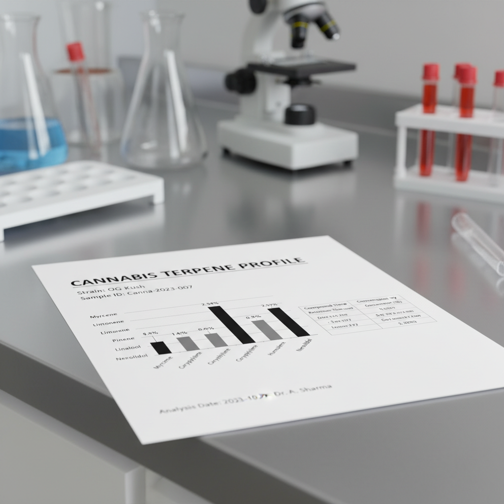Lab readout showing terpene profile analysis on printed paper, scientific data for cannabis