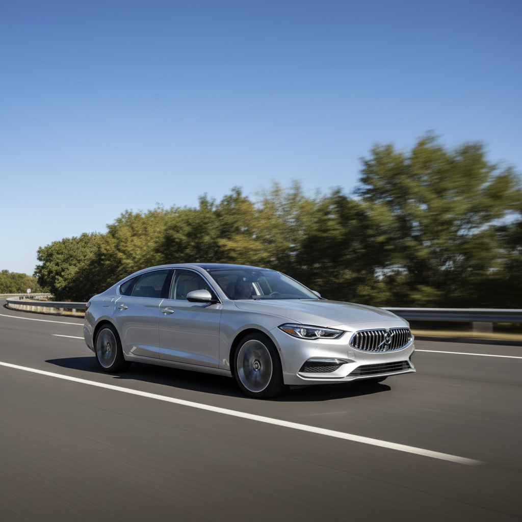 Silver midsize sedan on open road representing Cruvora LLC midsize rental category for business and family travel