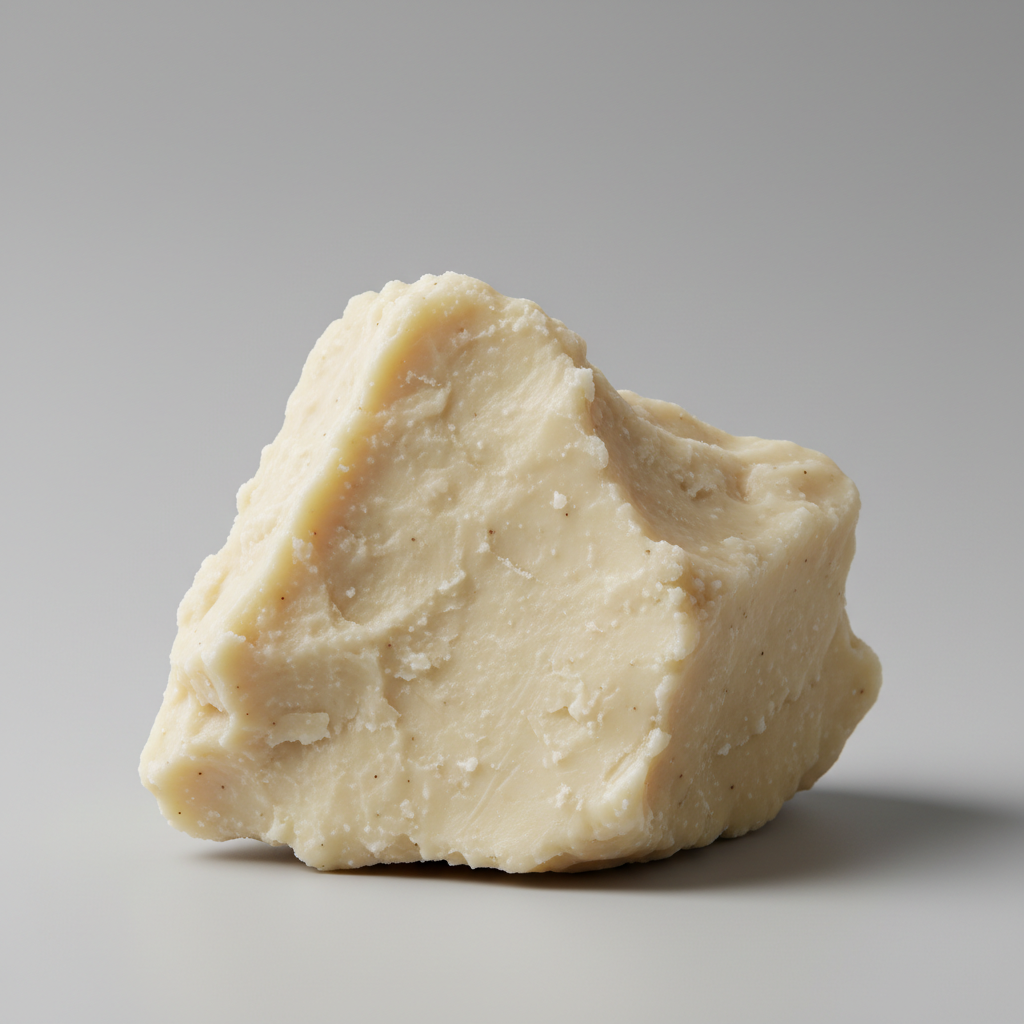 Chunk of raw unrefined shea butter with natural ivory texture