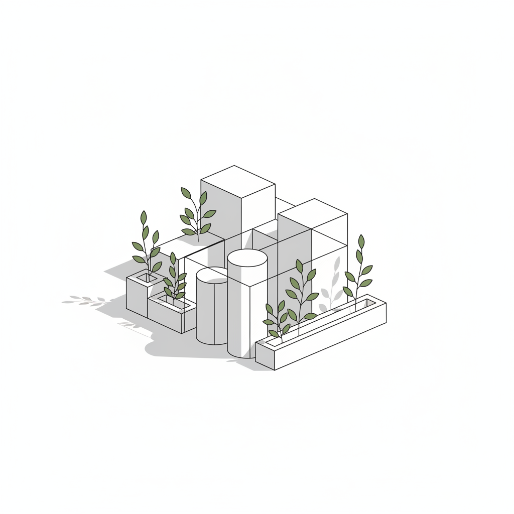 Editorial illustration work displayed on minimal surface with architectural composition and restrained greenery
