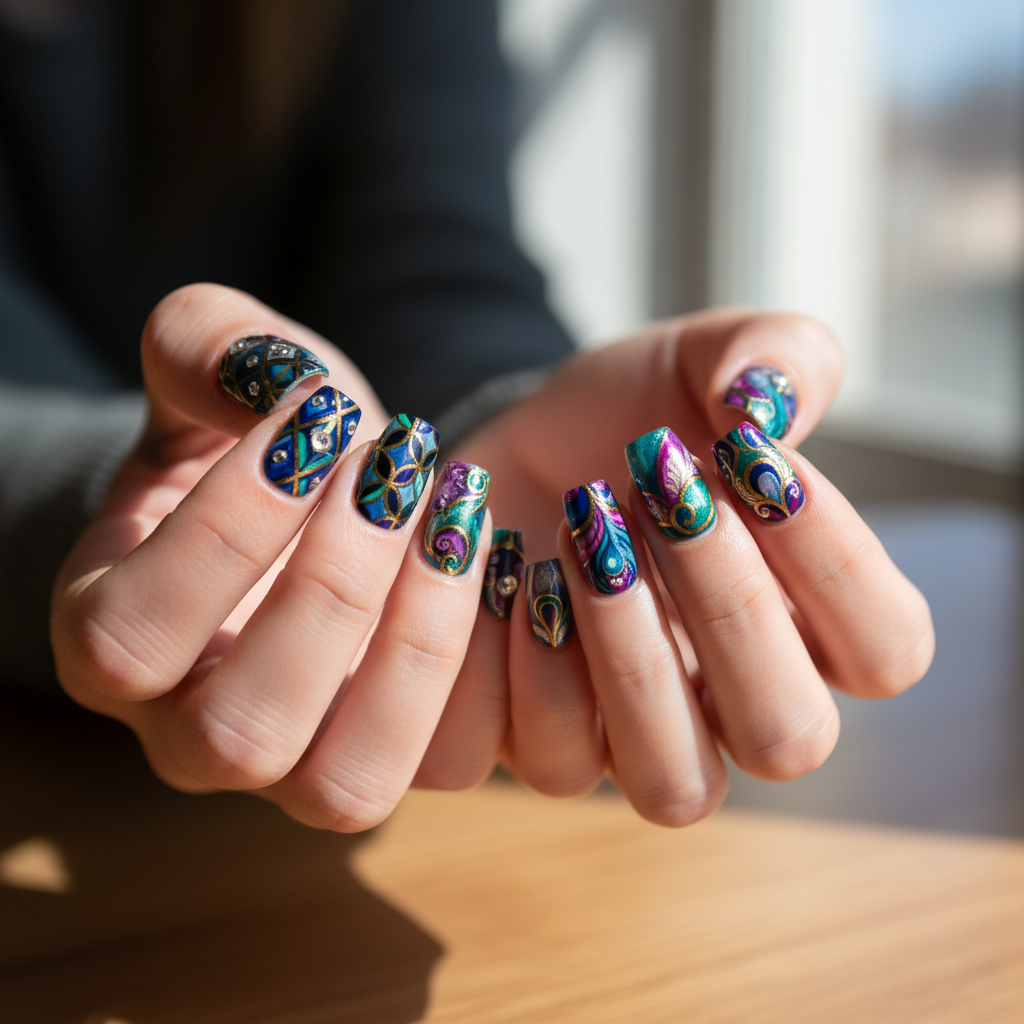 Intricate floral nail art design by Orane nail art course student